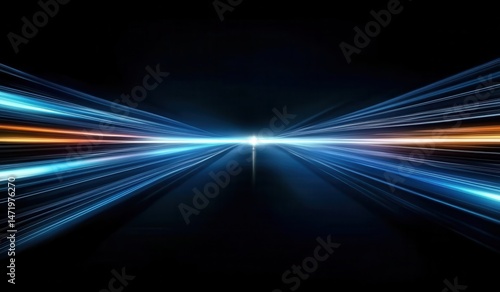 Abstract Image of Speeding Light Rays in Blue and Gold Tones on Black Backdrop Representing High Speed Technology Network and Futuristic Energy Concept