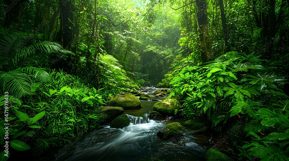 Fototapeta premium Lush jungle with greenery and water in tropical rainforest