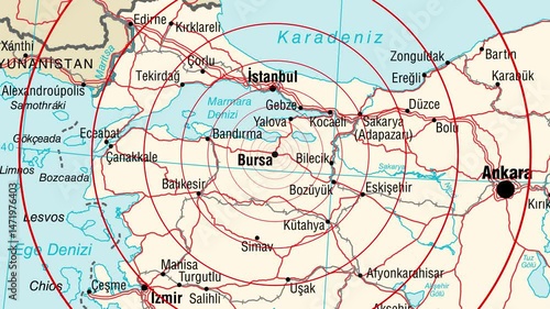 Wallpaper Mural Expanding red circles show the range of an earthquake wave from Bursa, Turkey Torontodigital.ca