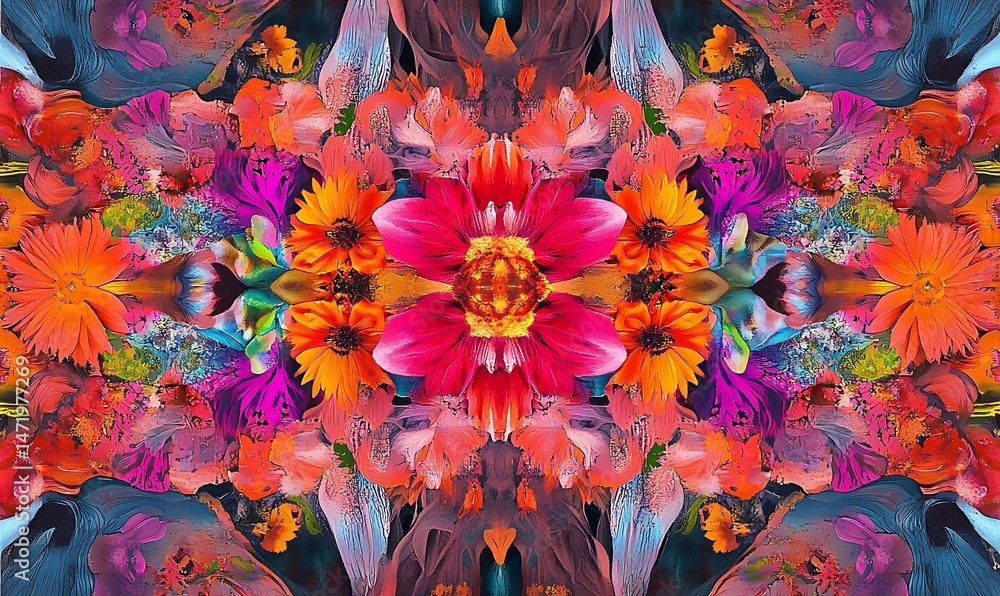 Symmetrical display of flowers and other colorful artistic elements