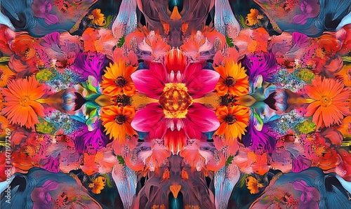 Obraz na płótnie Symmetrical display of flowers and other colorful artistic elements w salonie