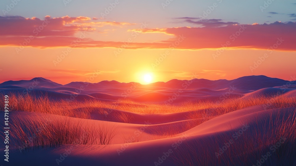 Obraz premium Colorful sunset over a vast desert landscape.