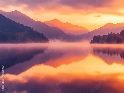 Serene Sunrise  Misty Lake  Mountain Reflection  Peaceful Dawn
