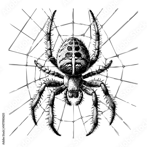 Tarantula spider engraving black and white outline. Scratch board imitation.  illustrated in vintage line art style on a white background.