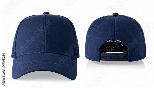 Navy blue trucker cap front and back view on white background for mockup template