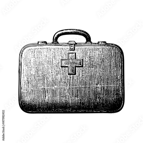 First aid medical bag sketch engraving black and white outline. Scratch board imitation.