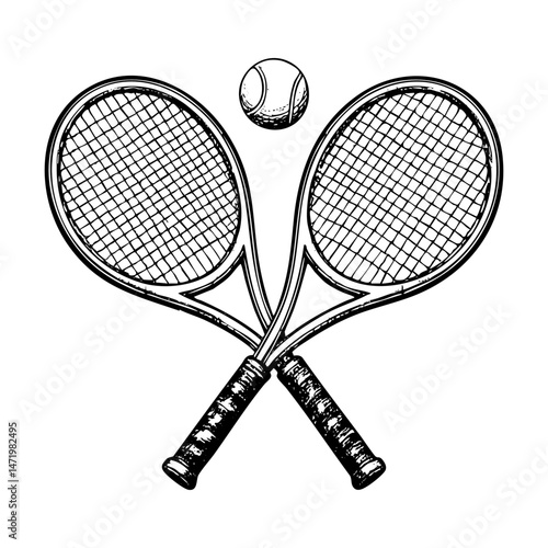 Tennis racket crossed sketch engraving black and white outline. Scratch board imitation.  illustrated in vintage line art style on a white background.