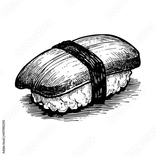 Salmon sushi sketch engraving black and white outline. Scratch board imitation.