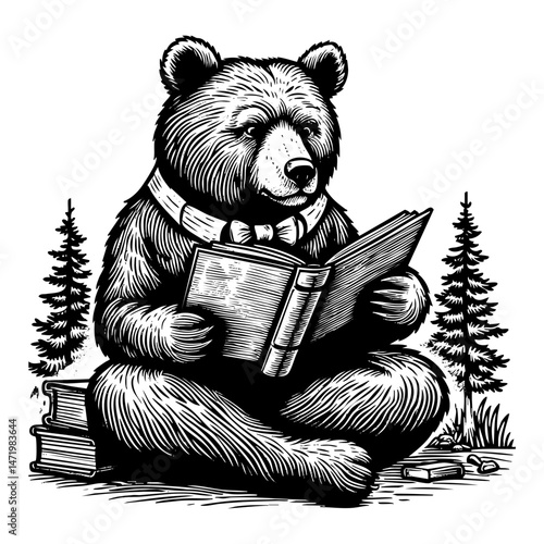 Grizzly bear reading newspaper sketch engraving black and white outline. Scratch board imitation.