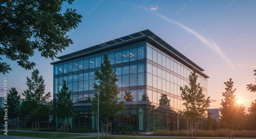 Fototapeta premium Modern Office Building Facade at Sunset