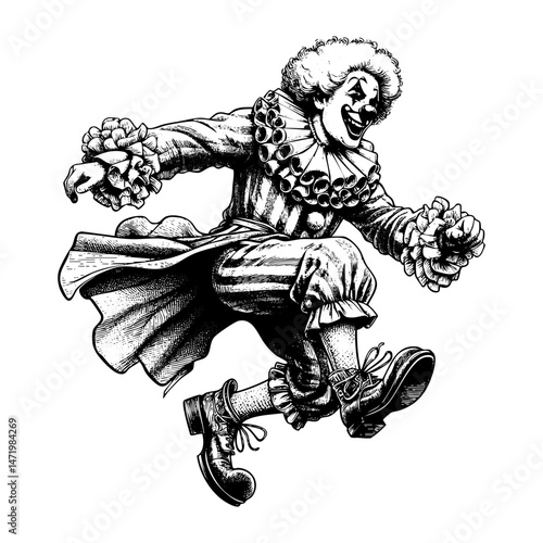 happy smiling clown sketch engraving black and white outline. Scratch board imitation.