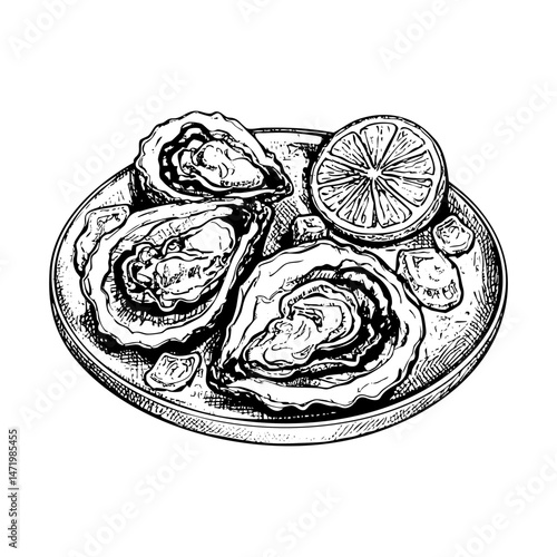 Oyster on plate engraving black and white outline. Scratch board imitation.
