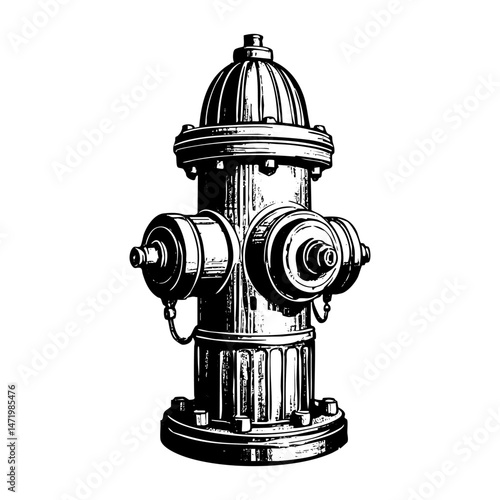 Water hydrant engraving black and white outline. Scratch board imitation.  illustrated in vintage line art style on a white background.