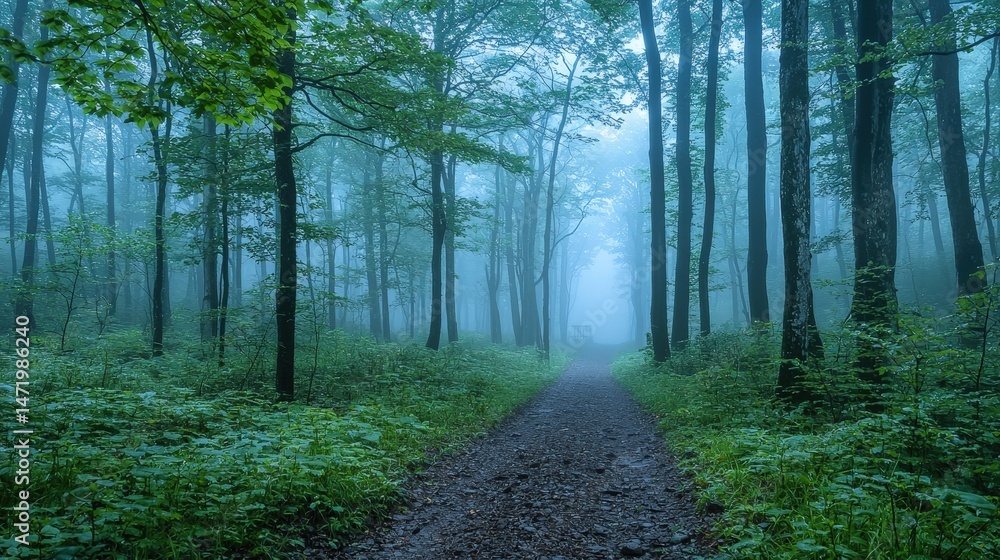 Obraz premium Misty forest path winding through verdant trees.
