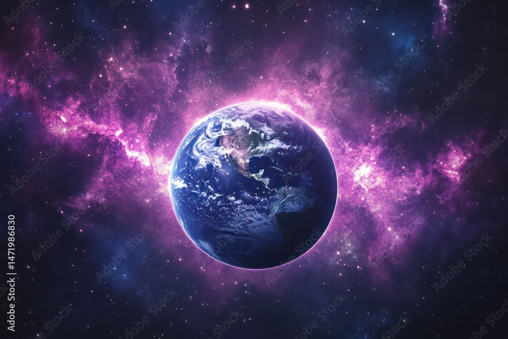 Obraz premium Planet Earth with purple nebula in deep space