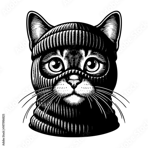 cat wear balaclava sketch engraving black and white outline. Scratch board imitation.