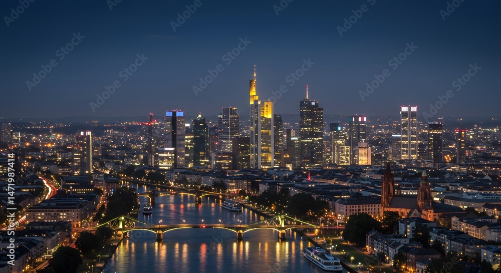 Naklejka premium City Skyline at Night with River and Lit Buildings