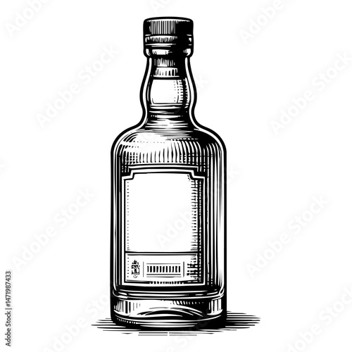 Whiskey bottle sketch engraving black and white outline. Scratch board imitation. illustrated in vintage line art style on a white background.