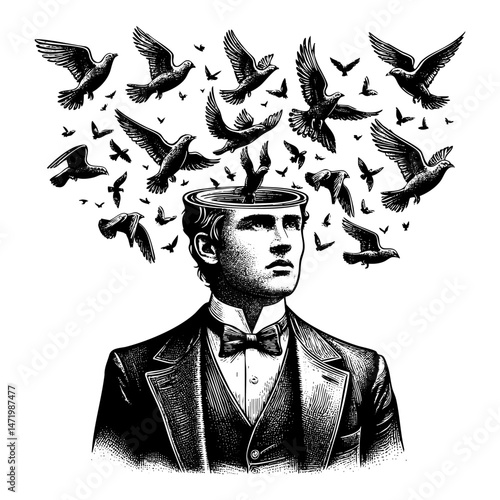 man in formal attire with an open head, from which birds are flying sketch engraving black and white outline. Scratch board imitation.