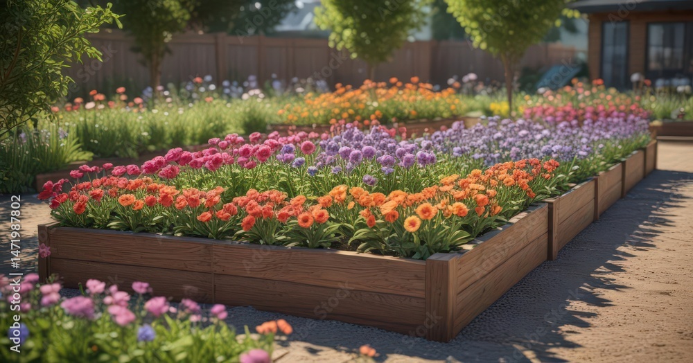 Well-maintained yard, vibrant blooms in raised beds , backyard, pretty Well-maintained yard, vibrant blooms in raised beds , backyard, pretty