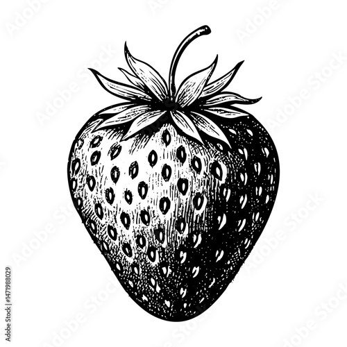 Strawberry fruit sketch engraving black and white outline. Scratch board imitation.  illustrated in vintage line art style on a white background.