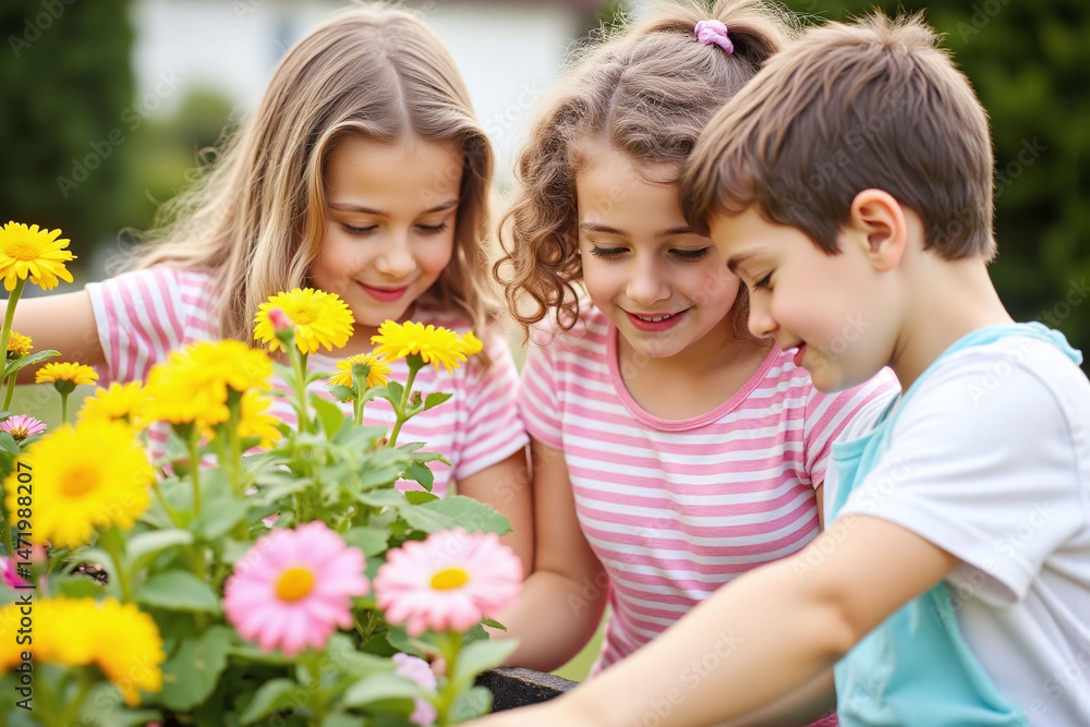 three children looking at flowers in a garden three children looking at flowers in a garden