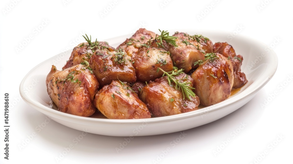 Roasted pork cubes on a plate Roasted pork cubes on a plate