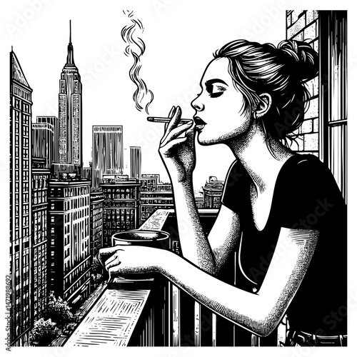 Woman smoking on balcony sketch engraving black and white outline. Scratch board imitation.  illustrated in vintage line art style on a white background.