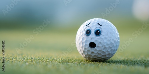Golf ball with an astonished expression on a grassy field.