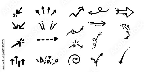Marker arrow design,ink arrow design,quirky crazy set of arrow pointing in every direction,Hand drawn faulty arrow set,Background or highlighting collection of arrow.  