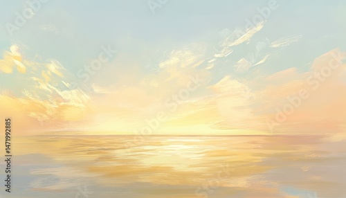 Golden Sunset Over Calm Ocean with Reflected Sunlight and Pastel Sky Colorful Clouds at the Horizon A Beautiful Coastal Nature Art Scenery
