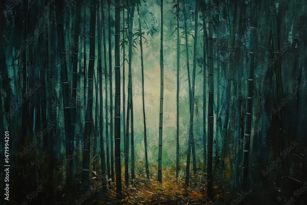 Obraz premium Light filtering through mysterious bamboo forest painting