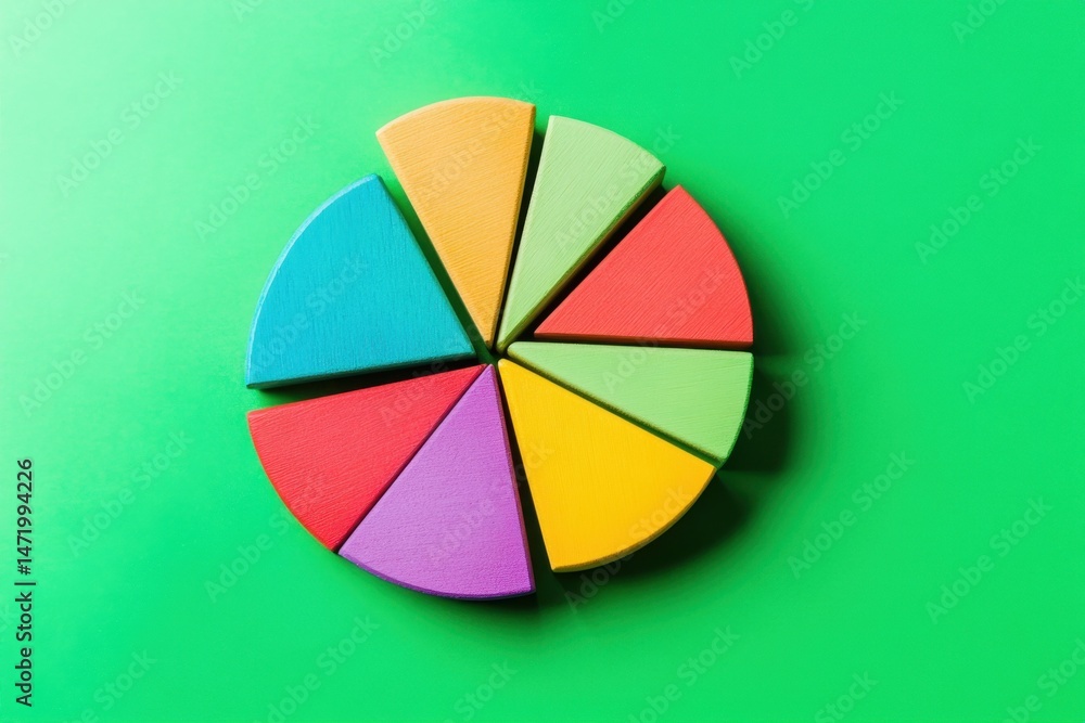 Fototapeta premium Colorful pie chart representing market share on green background