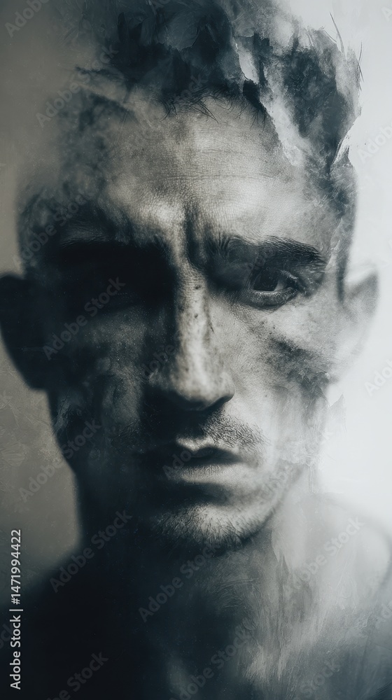 Fototapeta premium A grayscale portrait of a man with distressed features.