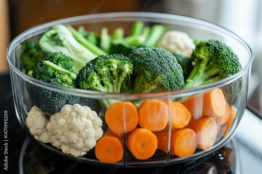 Steamed Vegetables in Glass Basket for Healthy Cooking Steamed Vegetables in Glass Basket for Healthy Cooking
