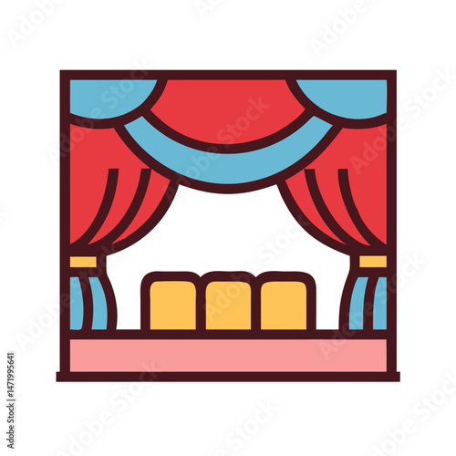Stage with red curtain and seats icon in colorful theater style