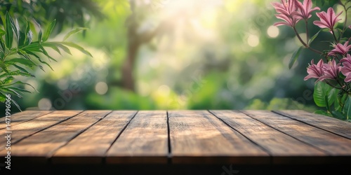Rustic Wooden Table Surrounded by Lush Greenery and Delicate Pink Flowers in a Sunny Outdoor Setting for Product Display and Springtime Decoration