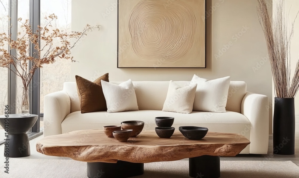Fototapeta premium Live edge wooden accent coffee table near beige sofa against stucco wall with sand stone wall decor. Boho, nomadic interior design of modern living room, home. 