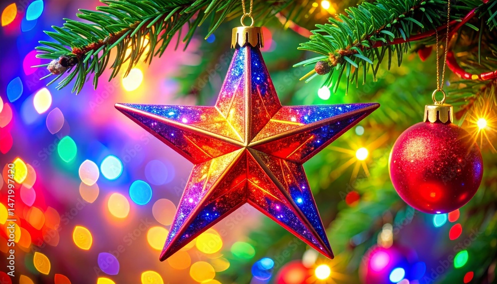 Vibrant Christmas Decoration Featuring Twinkling Star and Shimmering Bauble on Tree with Colorful Bokeh Lights Background Vibrant Christmas Decoration Featuring Twinkling Star and Shimmering Bauble on Tree with Colorful Bokeh Lights Background