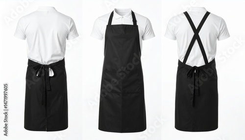 Three views of a white polo shirt with a black apron for cooking and cleaning uniform presenting front and back designs for restaurant or cafe staff apparel
