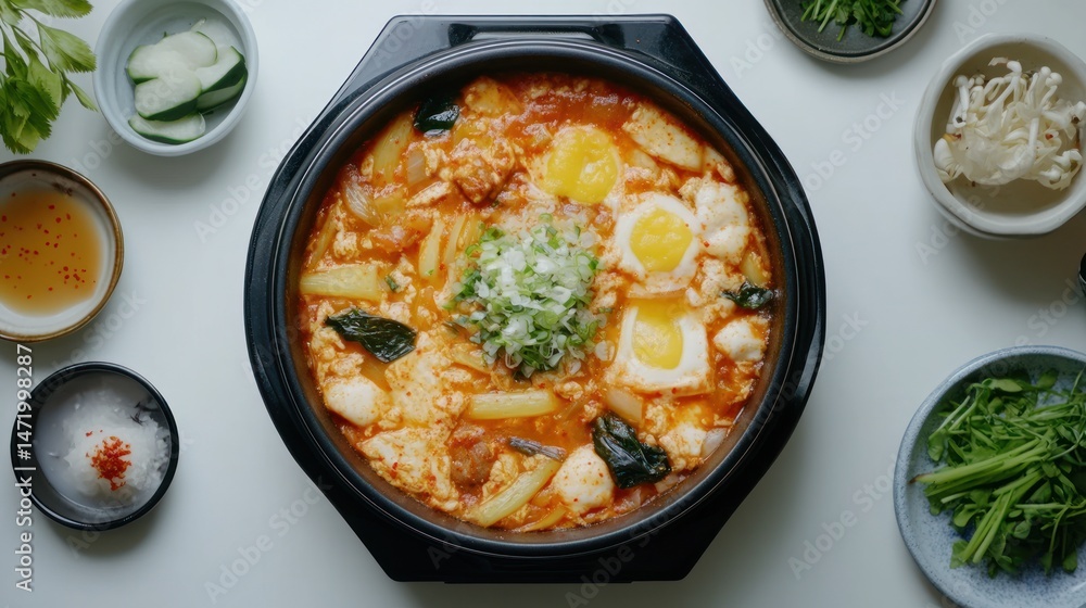 Spicy Korean stew with tofu, vegetables, and eggs Spicy Korean stew with tofu, vegetables, and eggs