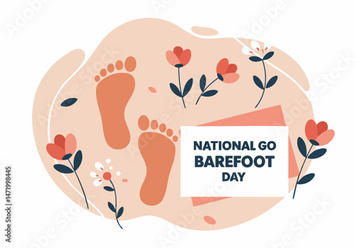Celebrate National Go Barefoot Day! A cheerful illustration features footprints and flowers against a soft, abstract background. Perfect for promoting wellness and connection with nature.