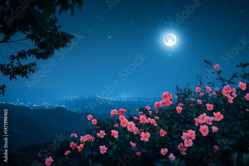 Full Moon Illuminating Flowers and Night Sky Over Hills