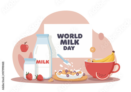 Celebrate World Milk Day! A cheerful breakfast scene with milk, cereal, fruit, and a note. Bright, inviting, and perfect for food-related marketing.