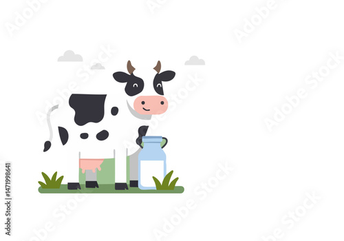 A cheerful cow enjoys a glass of milk on Milk Day 2025. Flat design illustration with a grassy background and fluffy clouds. Perfect for promotional materials.