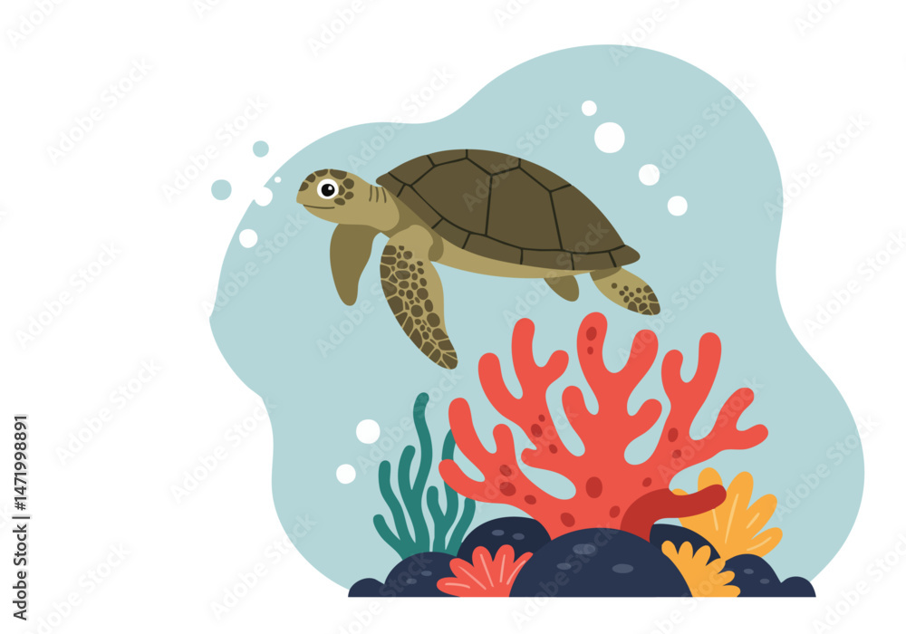Fototapeta premium A cute sea turtle swims amidst vibrant coral and seaweed. ?World Awareness Day? text overlay. A cheerful, colorful illustration perfect for educational or environmental campaigns.