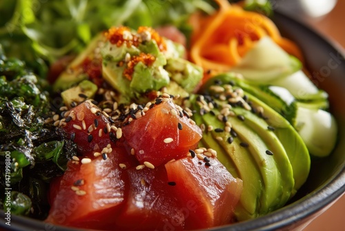 A close-up of a vibrant poke bowl, showcasing health and freshness