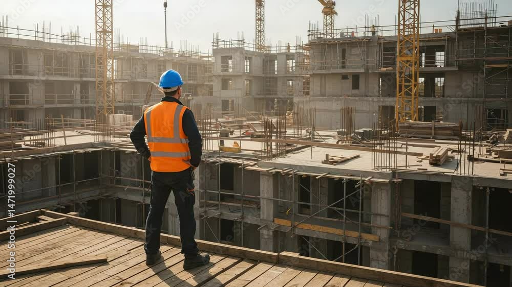 Construction Worker on Site Overseeing Building Development at Urban Construction Site in Daylight, Wearing Safety Gear and Reflective Vest, with Scaffolding and Cranes in Background Construction Worker on Site Overseeing Building Development at Urban Construction Site in Daylight, Wearing Safety Gear and Reflective Vest, with Scaffolding and Cranes in Background