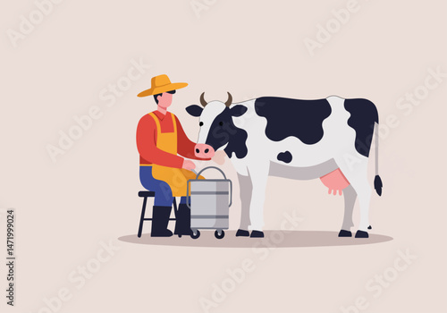 A farmer milks a black and white cow in a rural setting. He wears a hat and apron. Celebrating World Milk Day with a charming illustration.