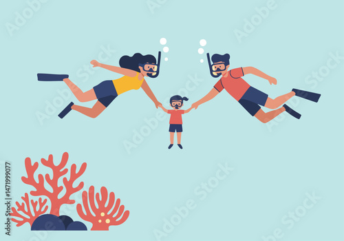 A family of three scuba divers joyfully connects underwater, surrounded by coral. Celebrating Reef Awareness Day! Vibrant colors and a clear composition.